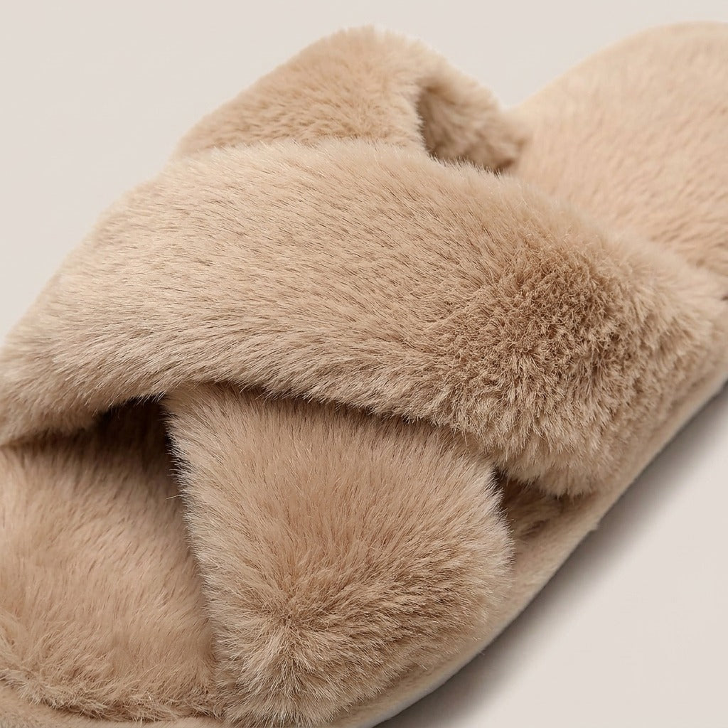 Close-up of the plush crossed straps on the Nova slipper