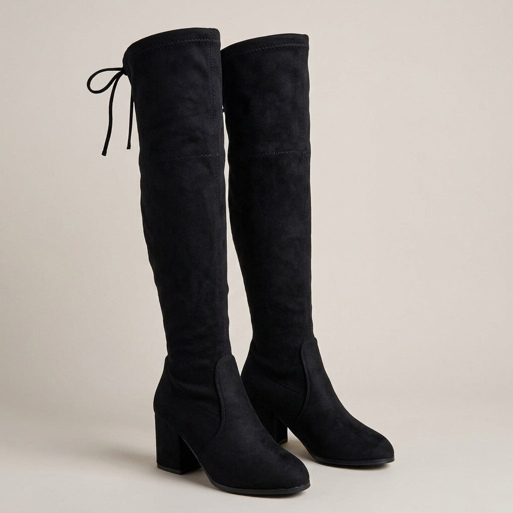 odessa-stretch-over-the-knee-boots-women-s-black-faux-suede-tie-back-block-heel-boots 1