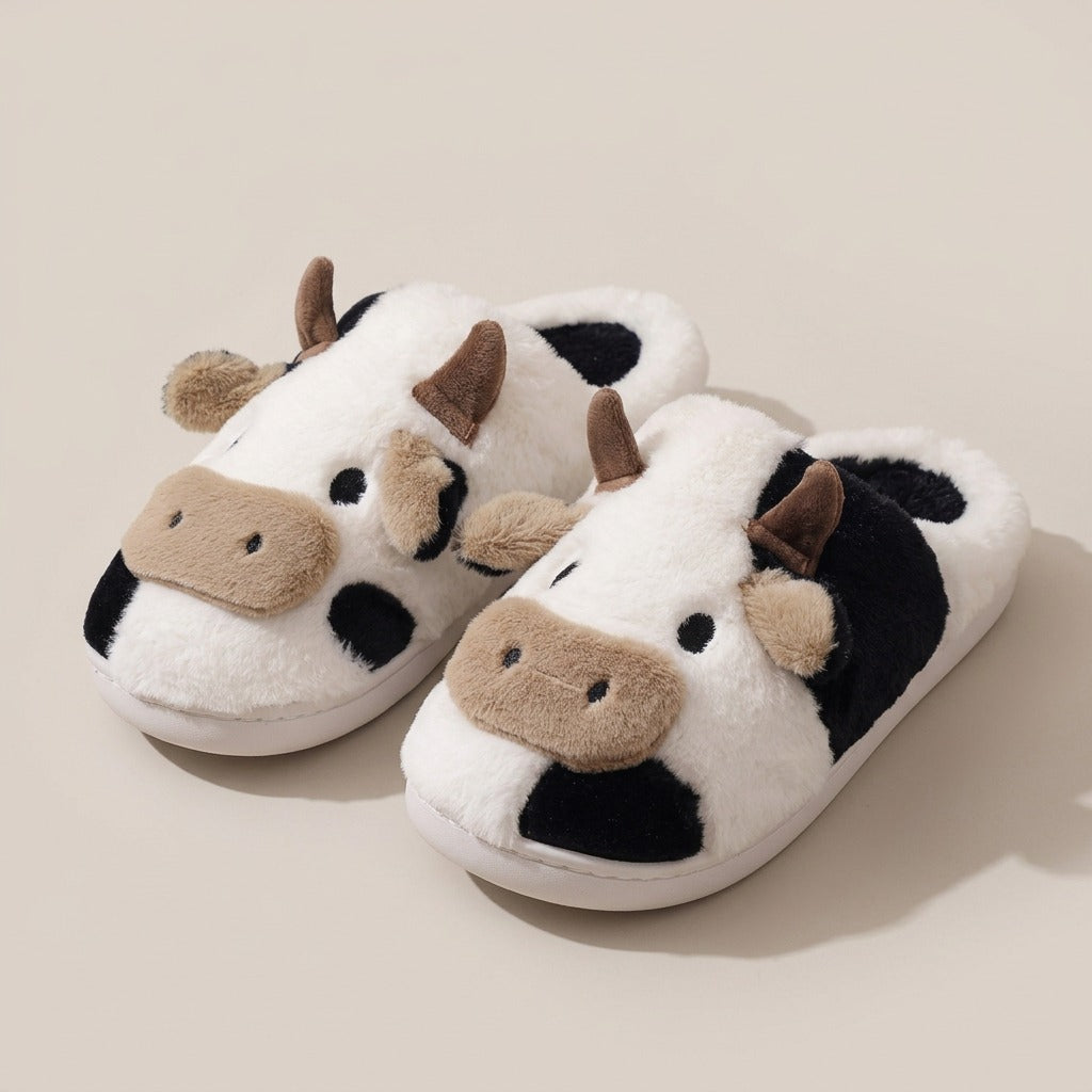 Odette black and white cow-print plush slippers with ears and nose patch, pair