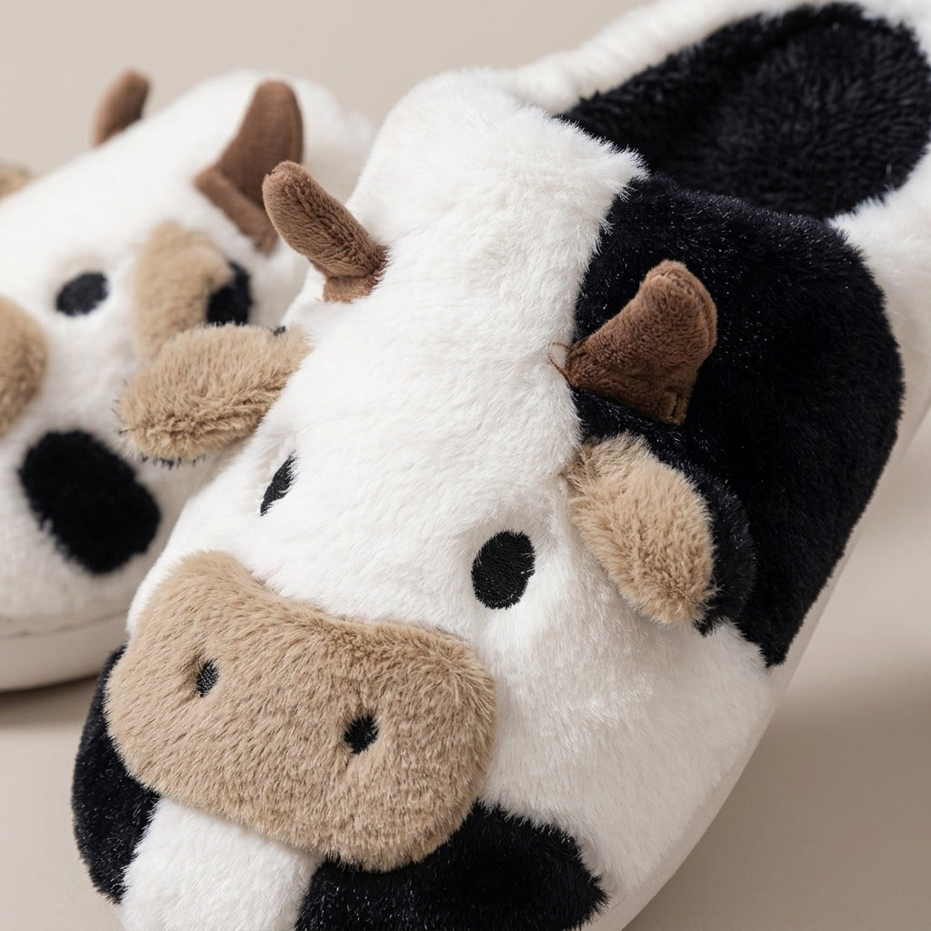 Close-up of the cow face with ears and nose patch on the Odette slipper