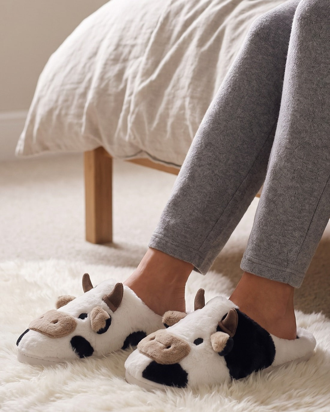 Odette cow-print slippers worn with grey lounge pants by a bed on a fluffy rug
