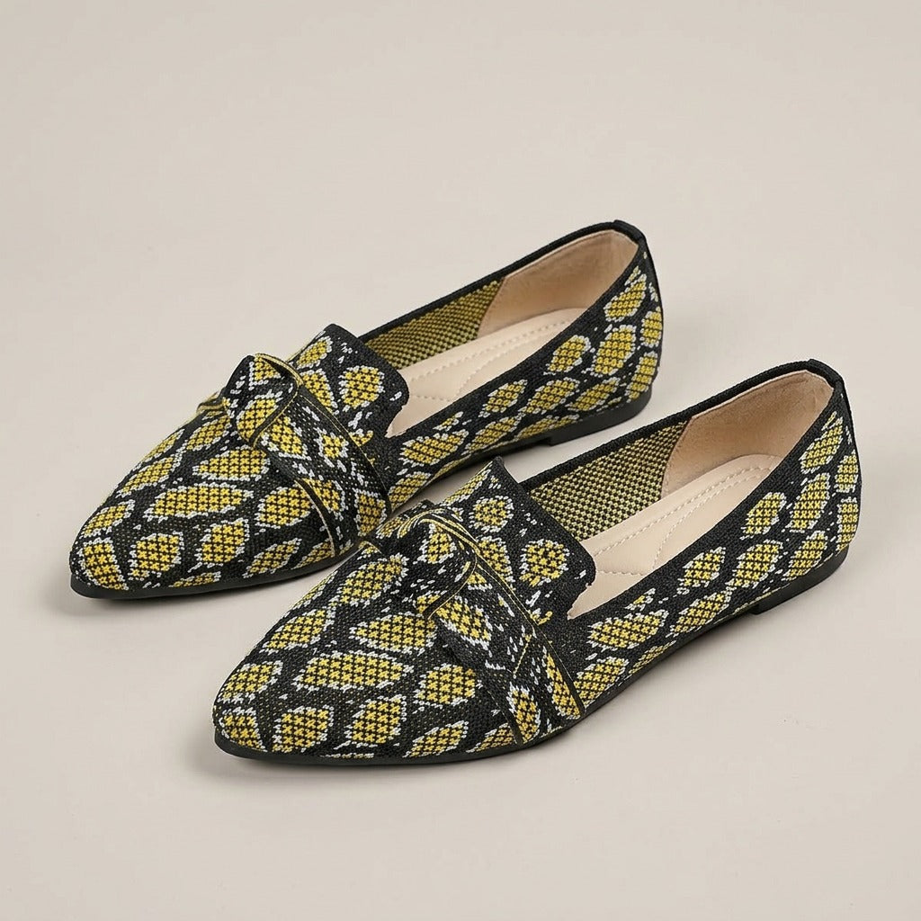orla-snake-print-knit-flats-women-s-yellow-and-black-pointed-toe-knot-slip-on-flats 1