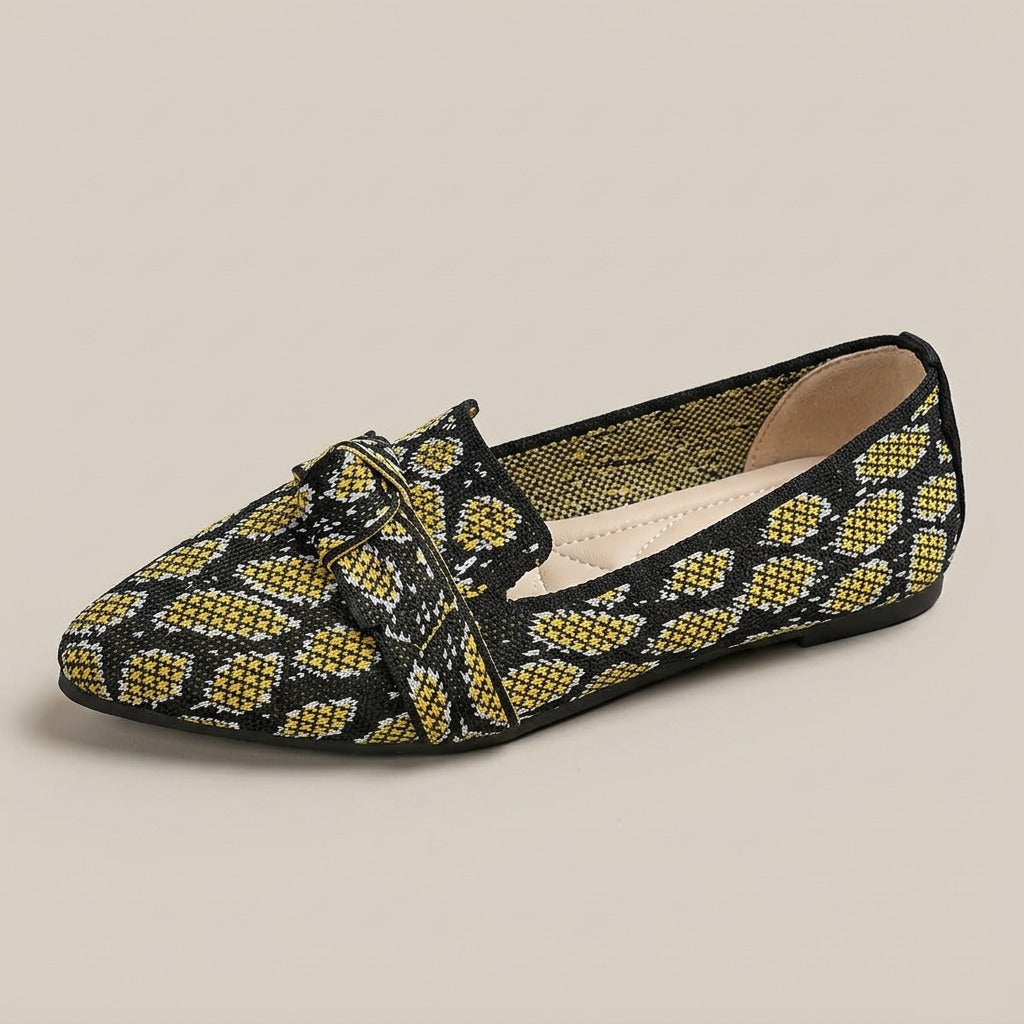 orla-snake-print-knit-flats-women-s-yellow-and-black-pointed-toe-knot-slip-on-flats 2