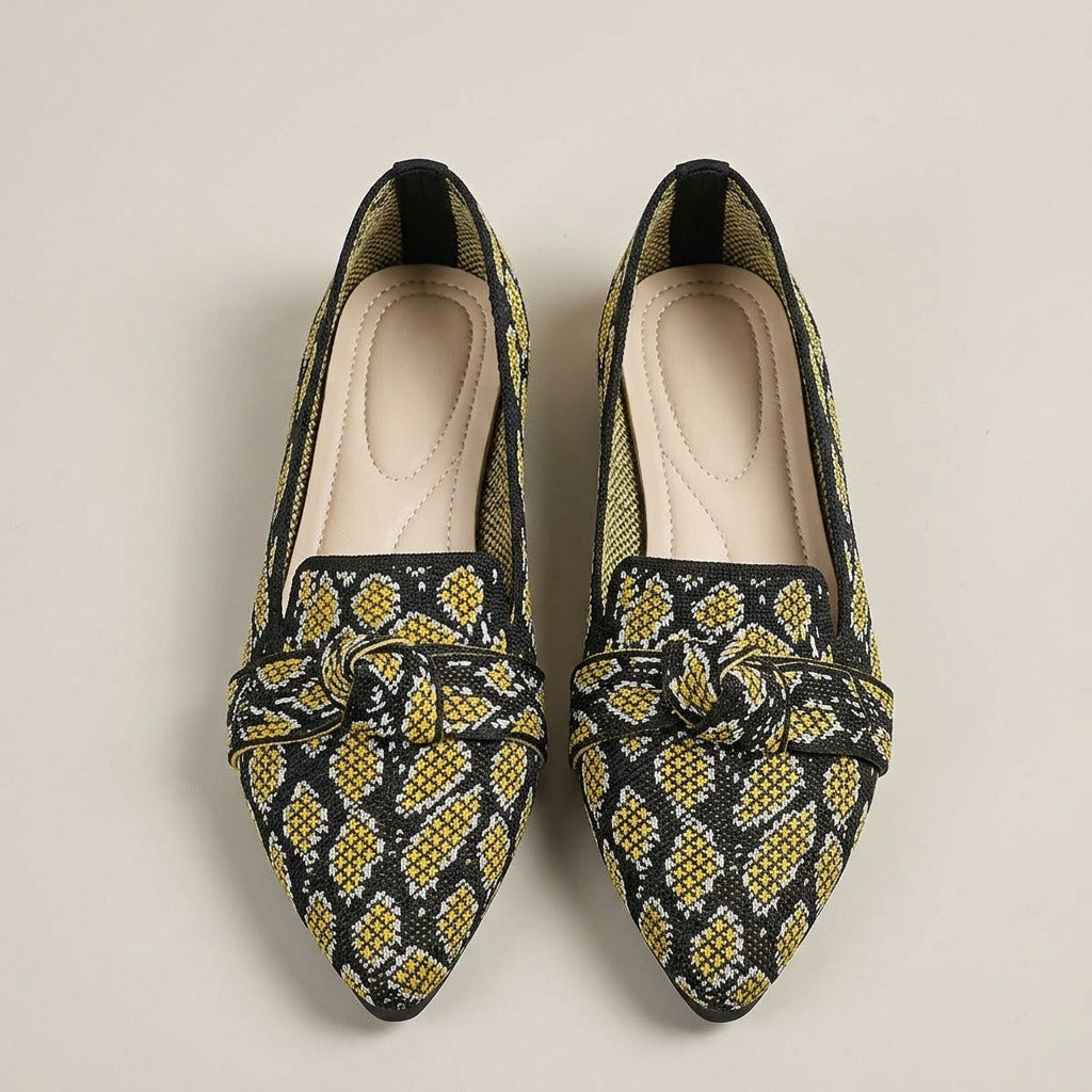 orla-snake-print-knit-flats-women-s-yellow-and-black-pointed-toe-knot-slip-on-flats 3