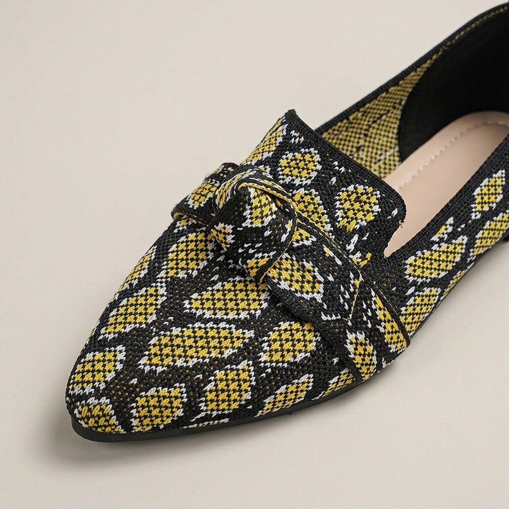 orla-snake-print-knit-flats-women-s-yellow-and-black-pointed-toe-knot-slip-on-flats 4