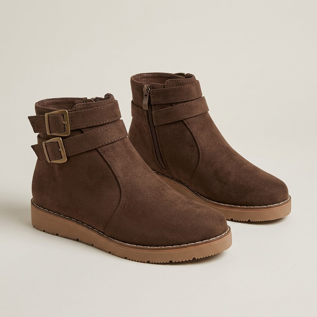 petra-double-buckle-flat-ankle-boots-women-s-brown-suede-look-side-zip-booties 1