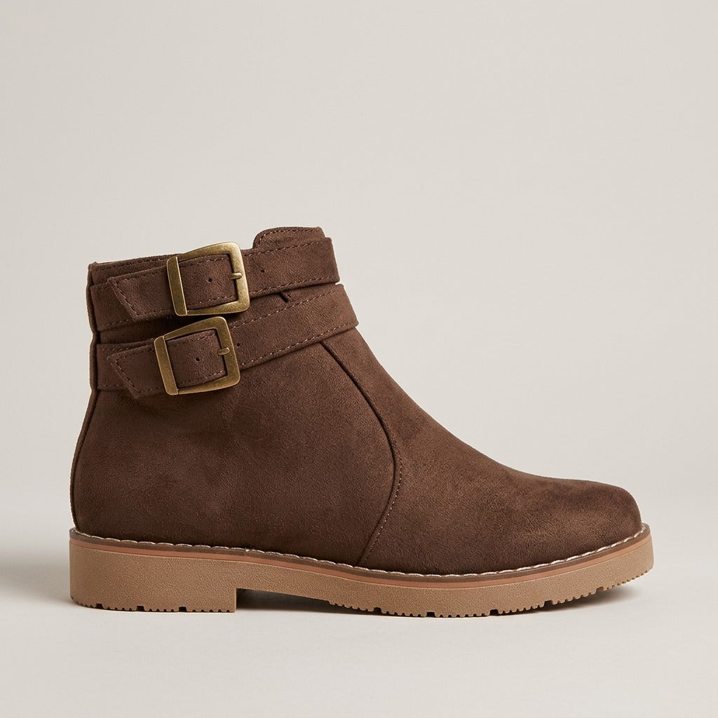 petra-double-buckle-flat-ankle-boots-women-s-brown-suede-look-side-zip-booties 2