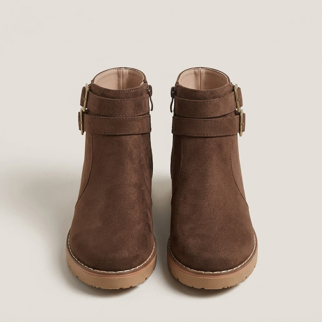 petra-double-buckle-flat-ankle-boots-women-s-brown-suede-look-side-zip-booties 3