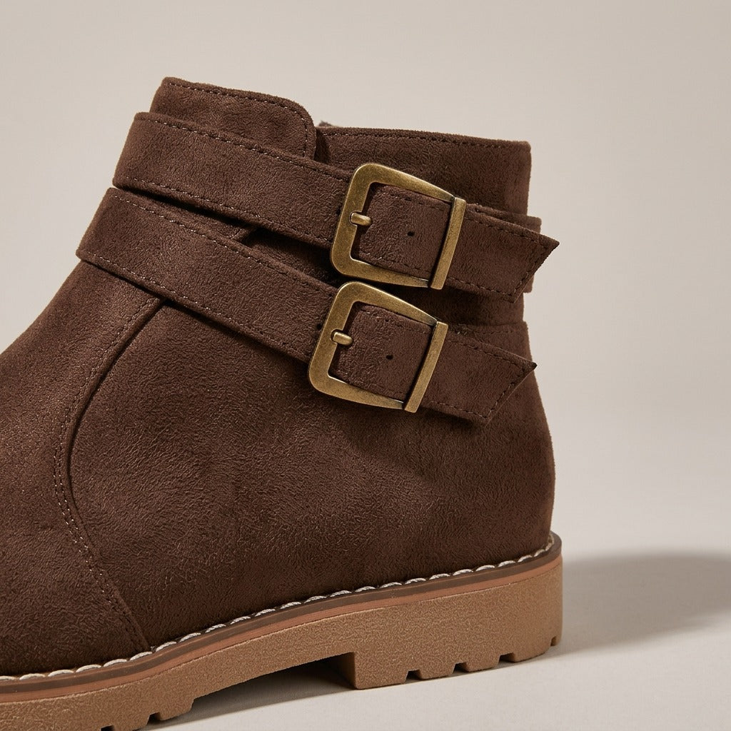 petra-double-buckle-flat-ankle-boots-women-s-brown-suede-look-side-zip-booties 4