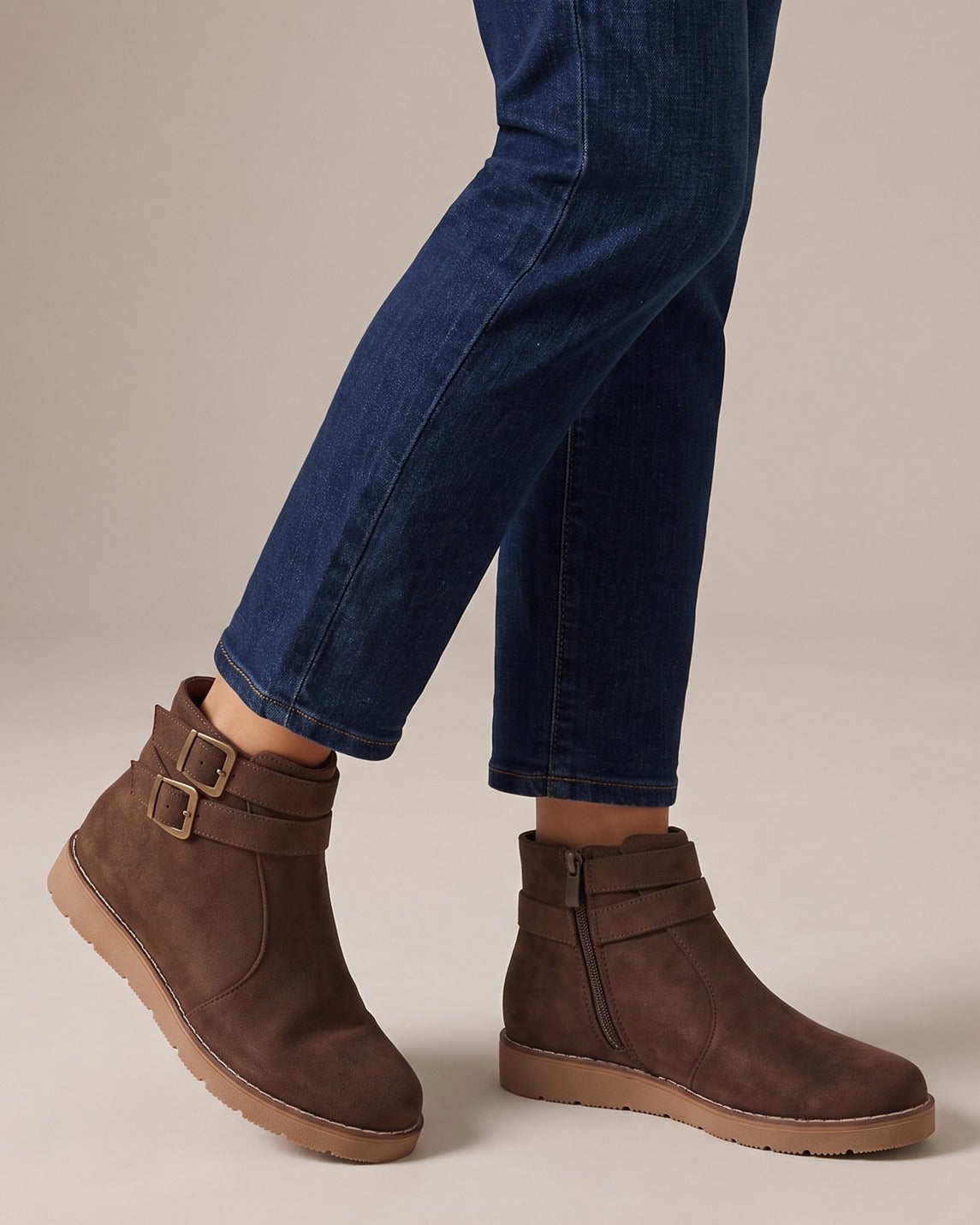 petra-double-buckle-flat-ankle-boots-women-s-brown-suede-look-side-zip-booties 5