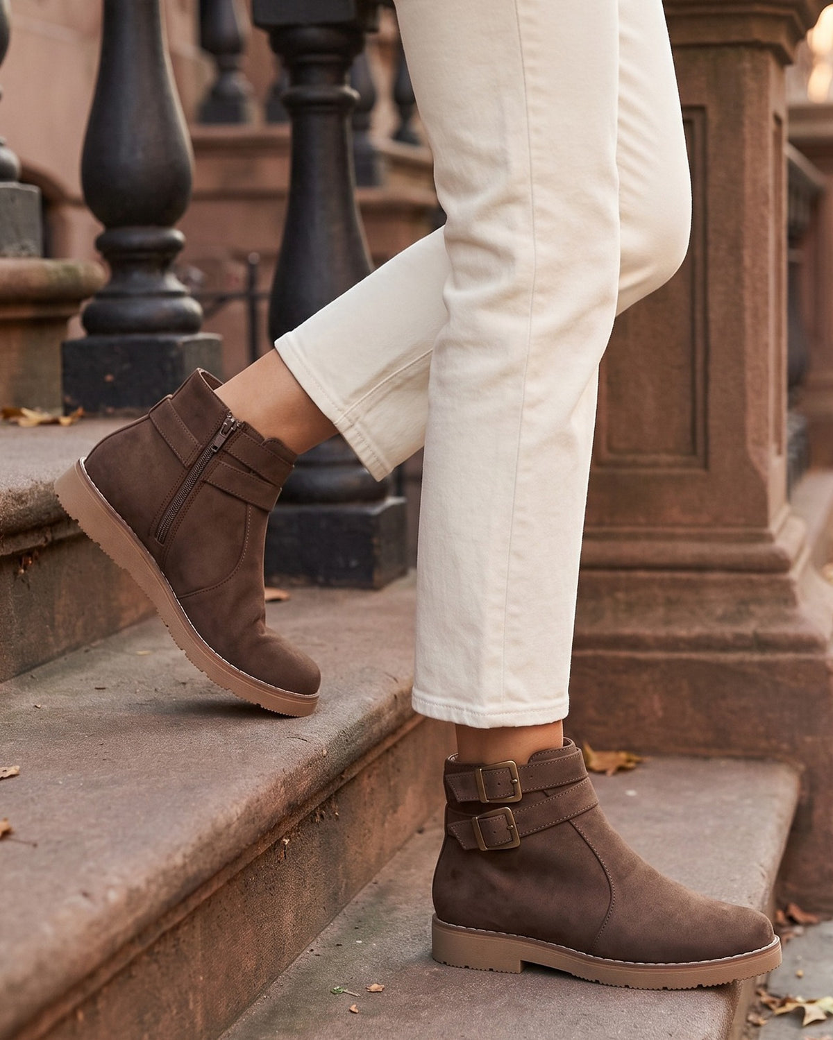 petra-double-buckle-flat-ankle-boots-women-s-brown-suede-look-side-zip-booties 6