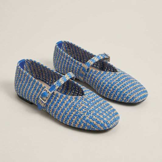 Poppy blue and cream striped woven Mary Jane flats with a buckle strap, pair