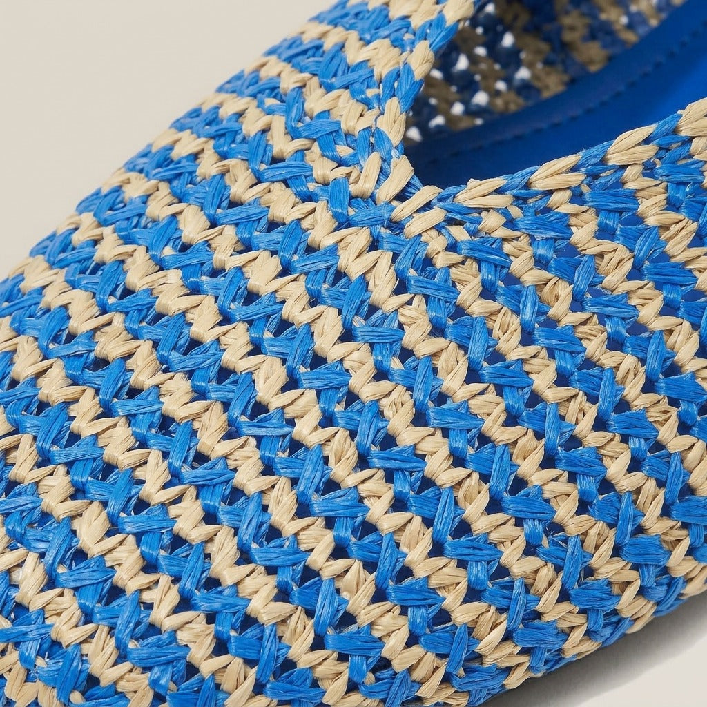 Close-up of the blue and cream striped weave on the Poppy flat