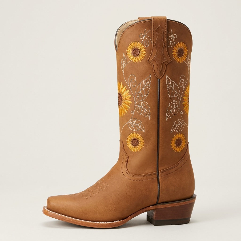 primrose-sunflower-embroidered-cowboy-boots-women-s-tan-square-toe-mid-calf-western-boots 2