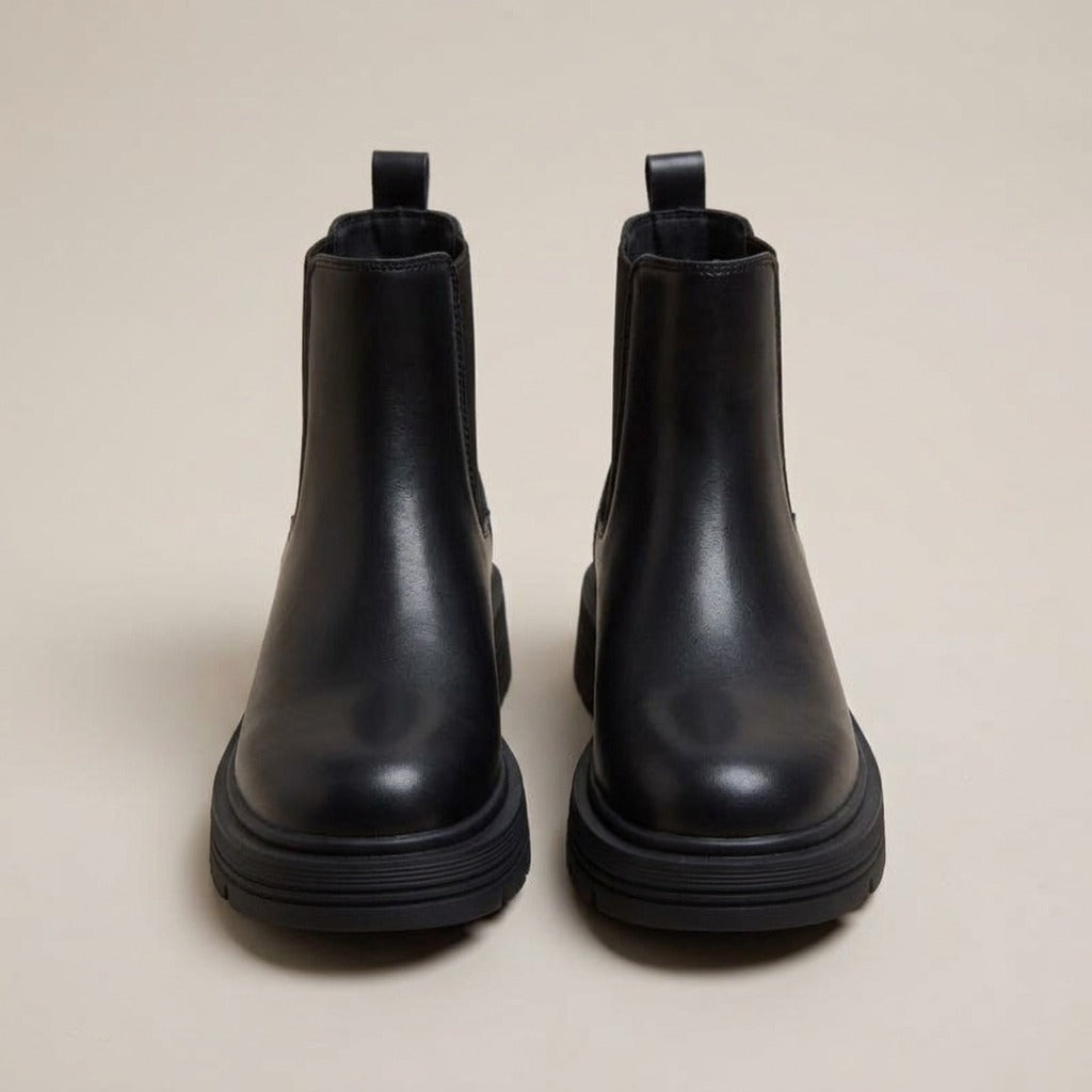 Quinn black chelsea boots, pair, front view