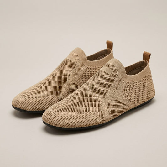 Reese tan knit slip-on loafers with a back pull tab, pair