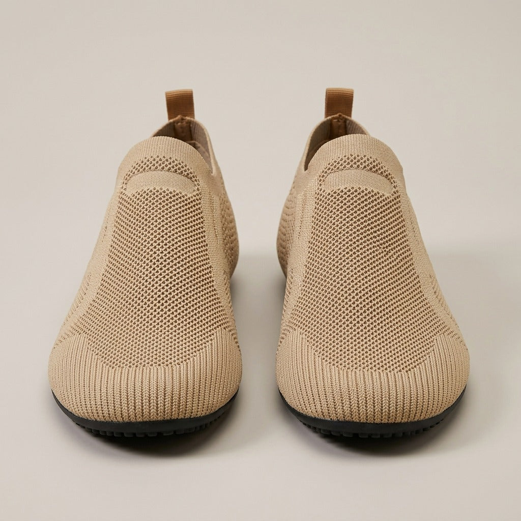 Reese tan knit loafers, pair, front view