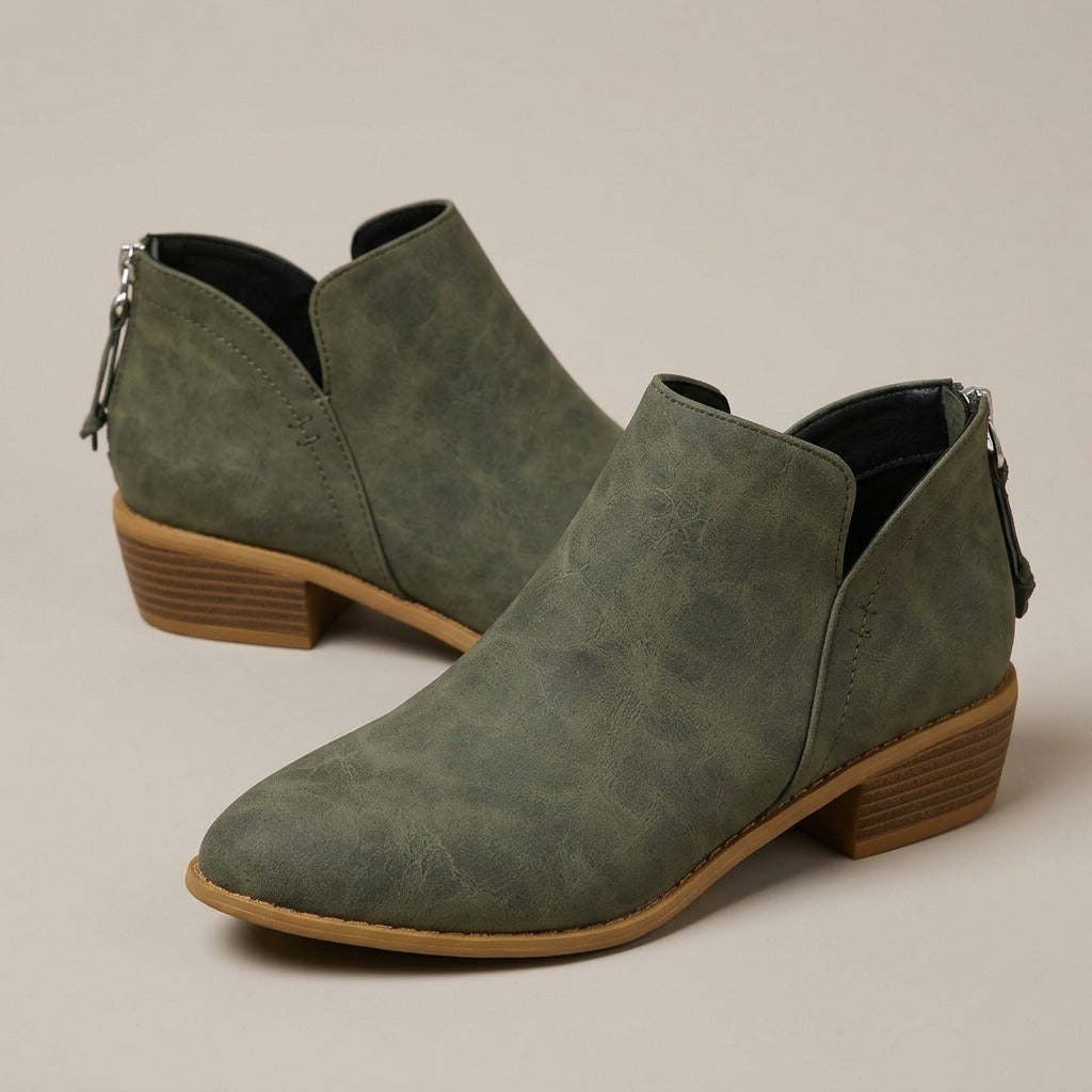 rhea-v-cut-block-heel-booties-women-s-olive-green-back-zip-ankle-boots 1
