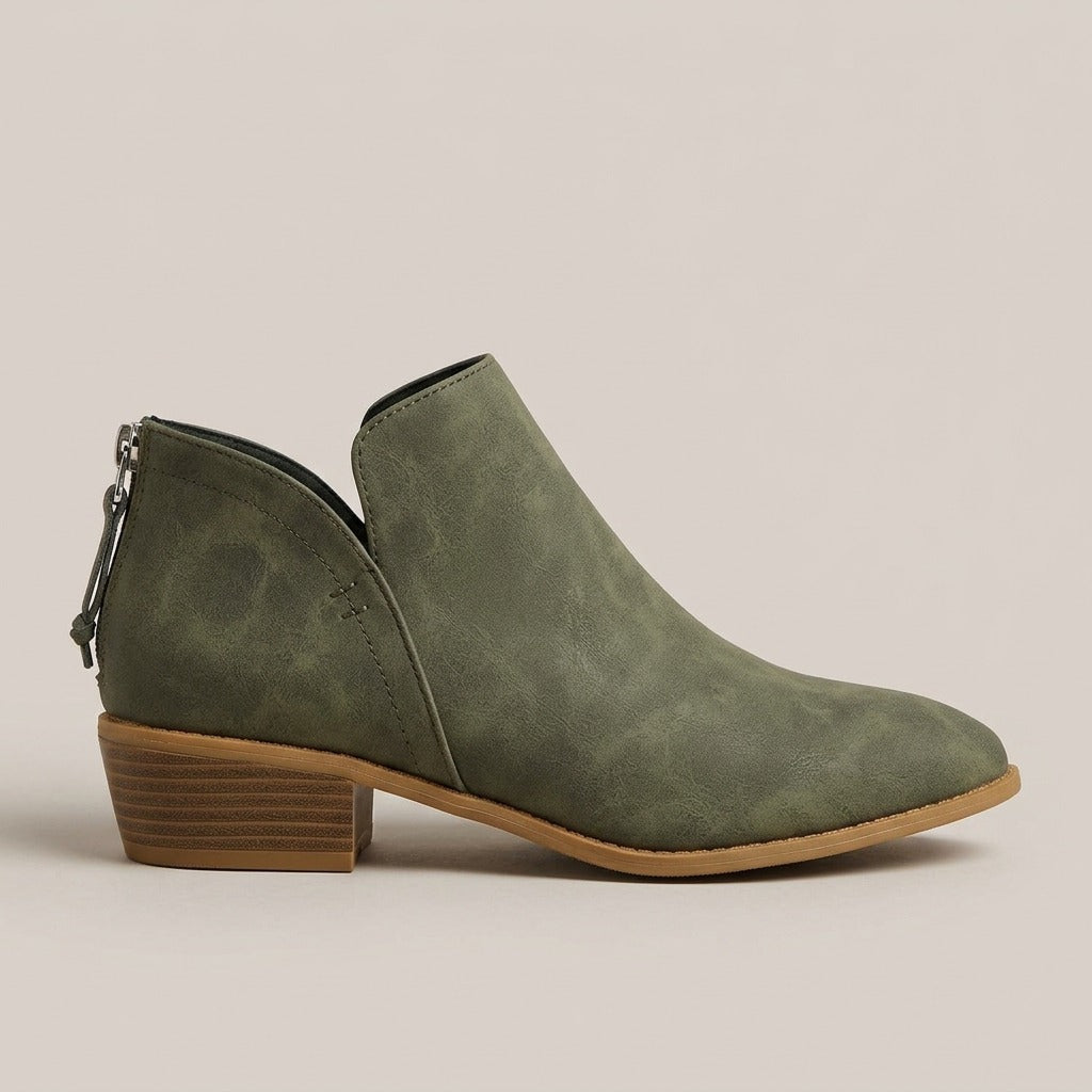 rhea-v-cut-block-heel-booties-women-s-olive-green-back-zip-ankle-boots 2