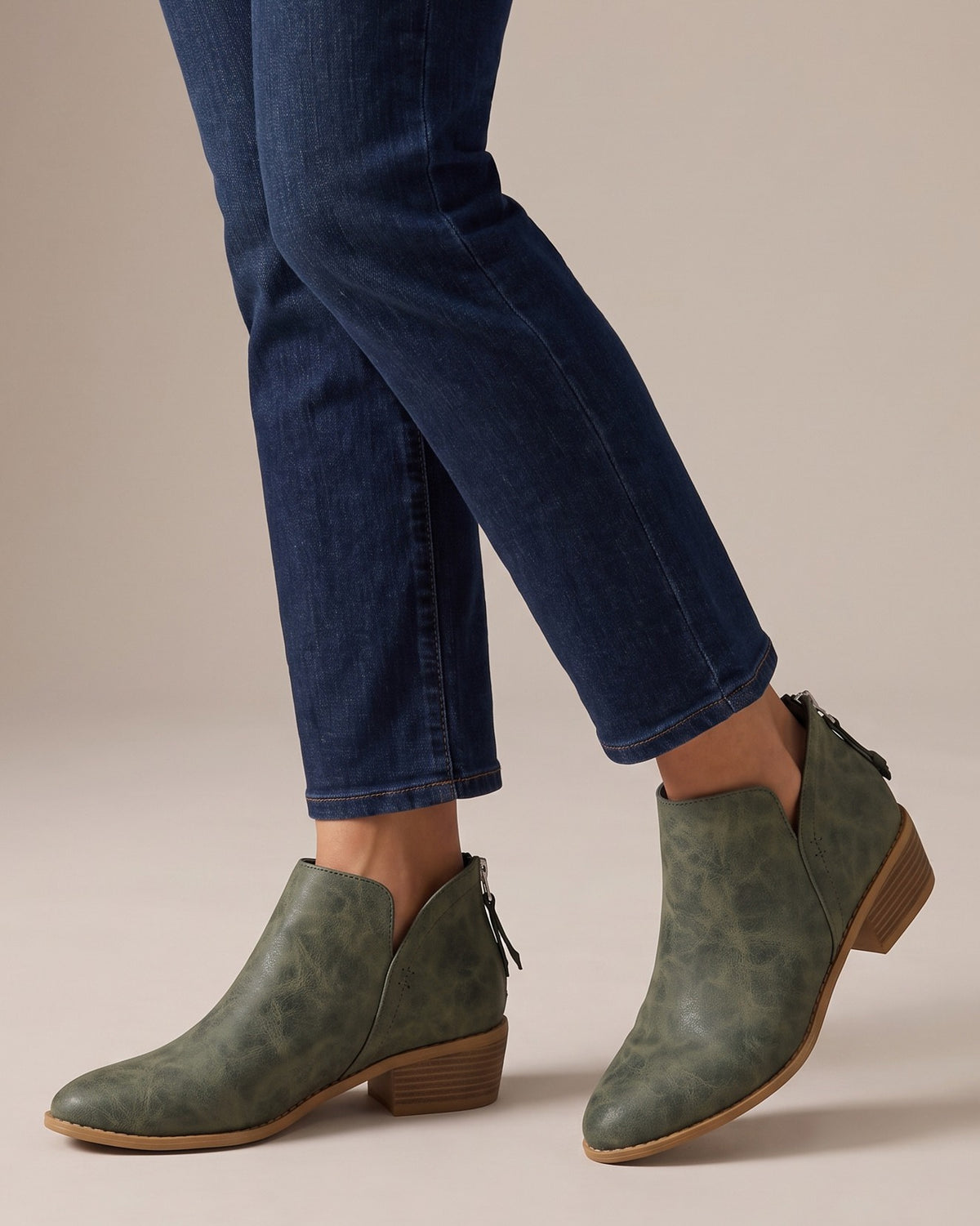 rhea-v-cut-block-heel-booties-women-s-olive-green-back-zip-ankle-boots 5