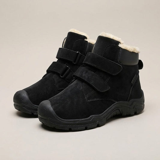 Rosa black ankle boots with two hook-and-loop straps, plush collar and lug sole, pair