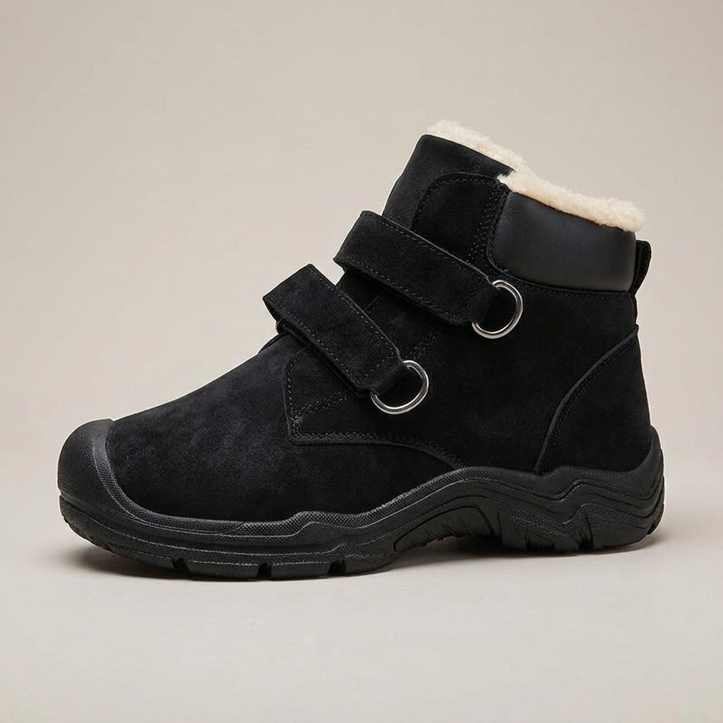 Rosa black ankle boot, side view of the straps and lug sole