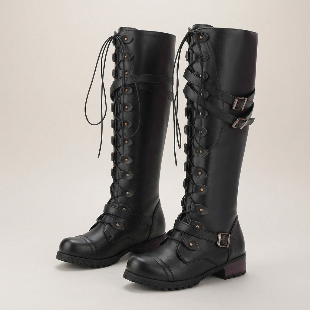 rowena-knee-high-lace-up-combat-boots-women-s-black-buckle-strap-riding-boots 1