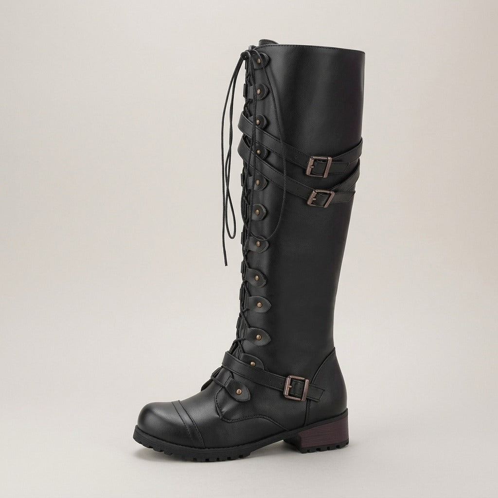 rowena-knee-high-lace-up-combat-boots-women-s-black-buckle-strap-riding-boots 2