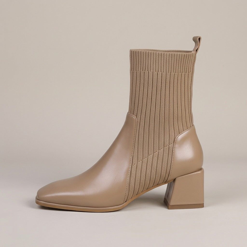 saffie-knit-sock-block-heel-ankle-boots-women-s-tan-leather-look-square-toe-booties 2