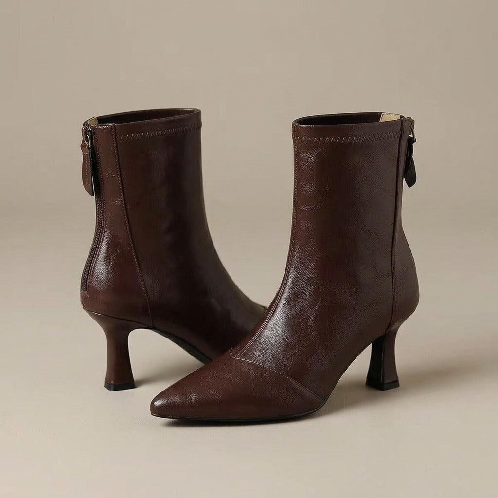 scarlett-pointed-toe-kitten-heel-ankle-boots-women-s-brown-leather-look-sock-booties 1