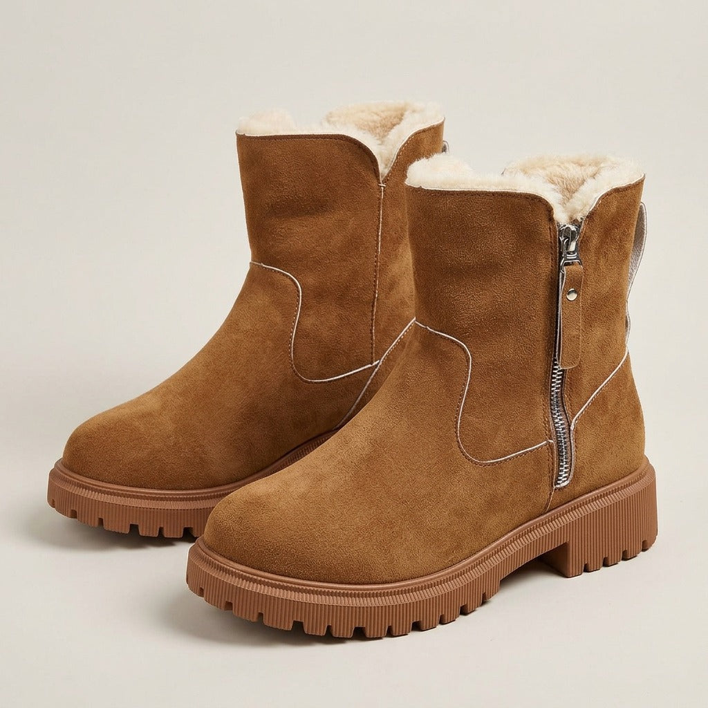 Simone brown suede-look ankle boots with side zip, plush collar and lugged sole, pair
