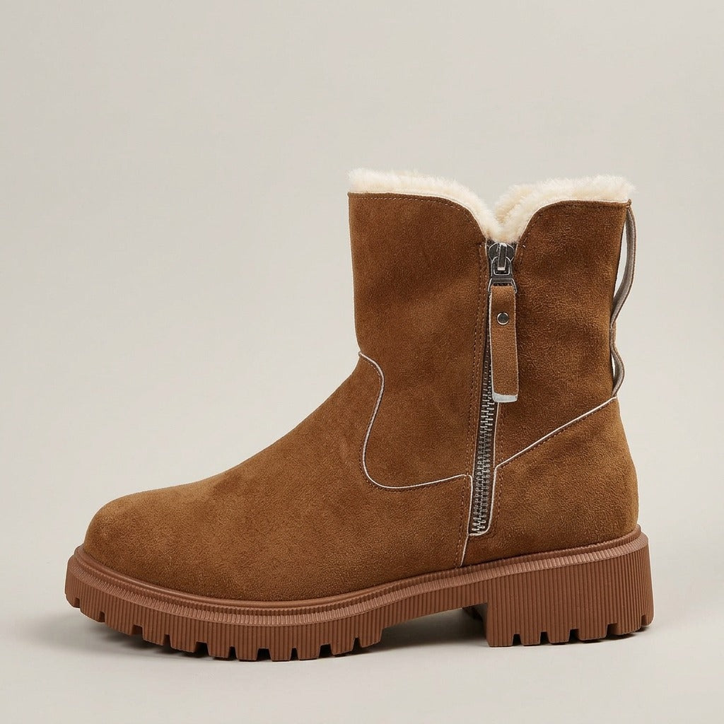 Simone brown ankle boot, side view of the side zip