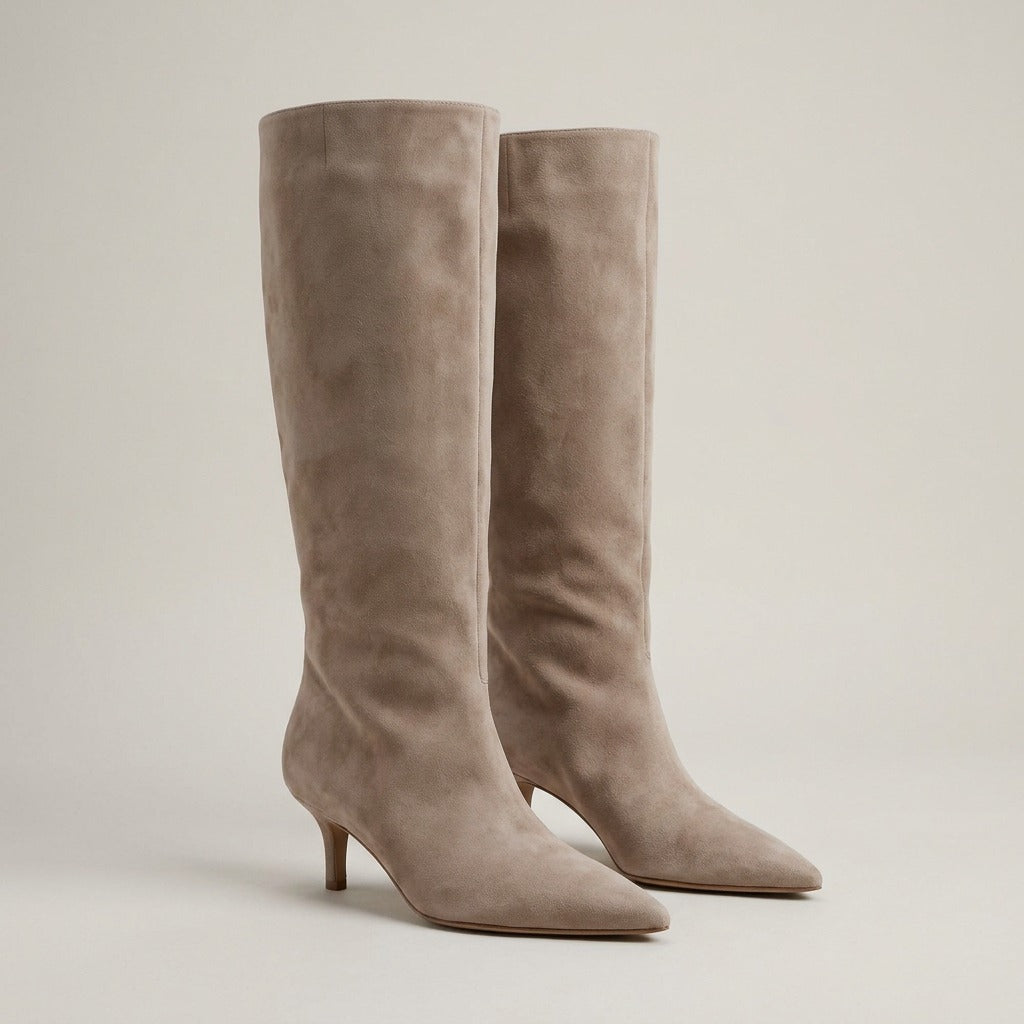 Sybil beige suede-look knee-high boots with pointed toe and kitten heel, pair