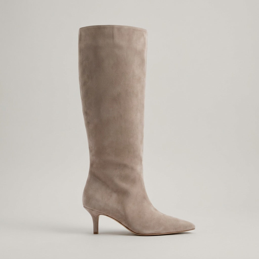 Sybil beige knee-high boot, side view of the kitten heel