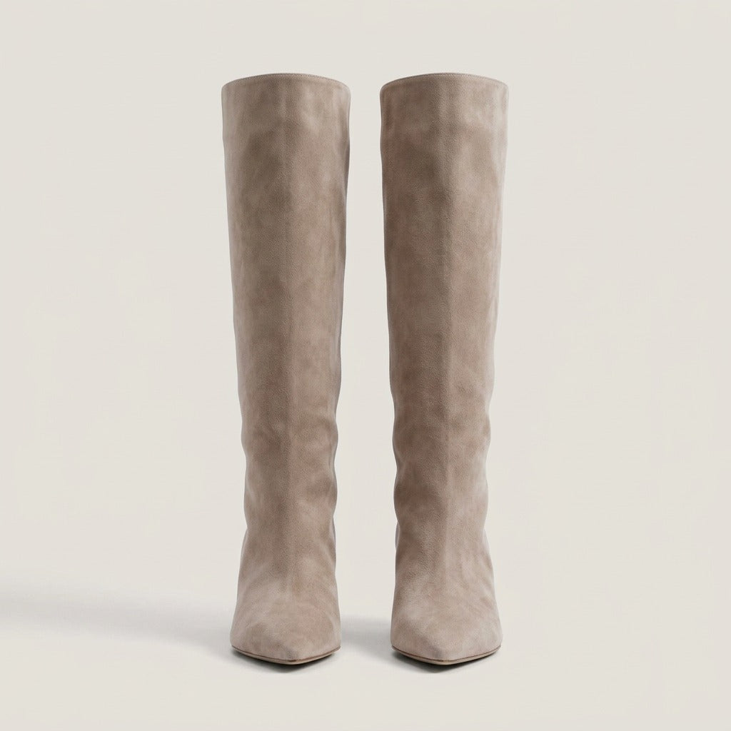 Sybil beige knee-high boots, pair, front view