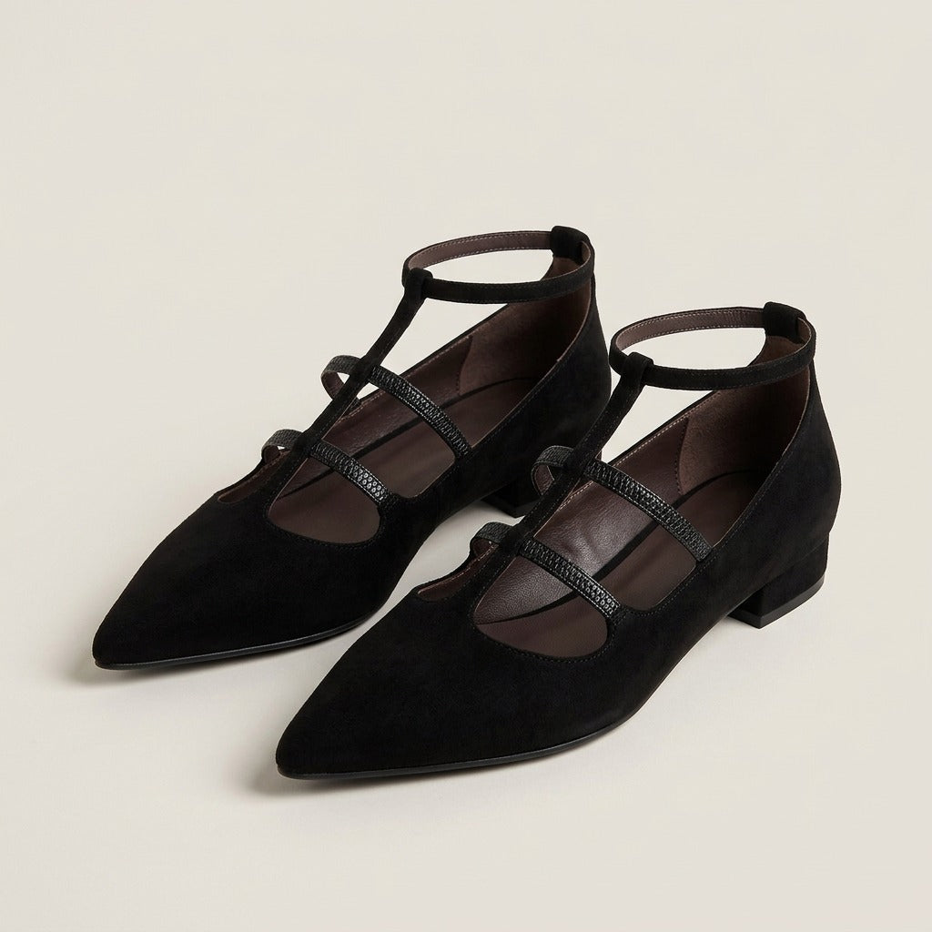 thalia-strappy-caged-pointed-toe-flats-women-s-black-suede-look-ankle-strap-flats 1