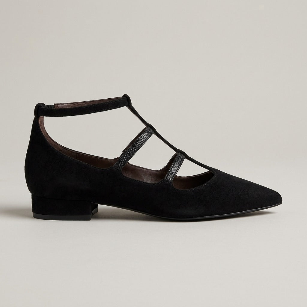 thalia-strappy-caged-pointed-toe-flats-women-s-black-suede-look-ankle-strap-flats 2