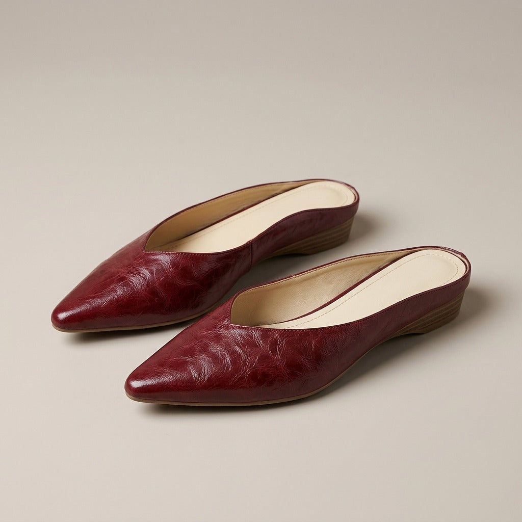 Thea burgundy pointed-toe backless mules with a very low wedge, pair