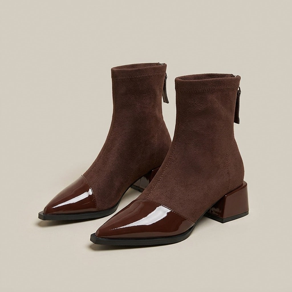 thora-patent-toe-cap-sock-ankle-boots-women-s-brown-suede-look-pointed-toe-block-heel-booties 1