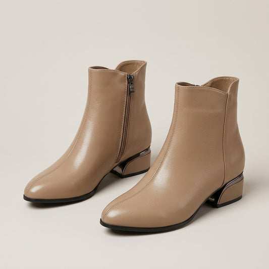 Tilly khaki pointed-toe ankle boots with low block heel and metal heel band, pair