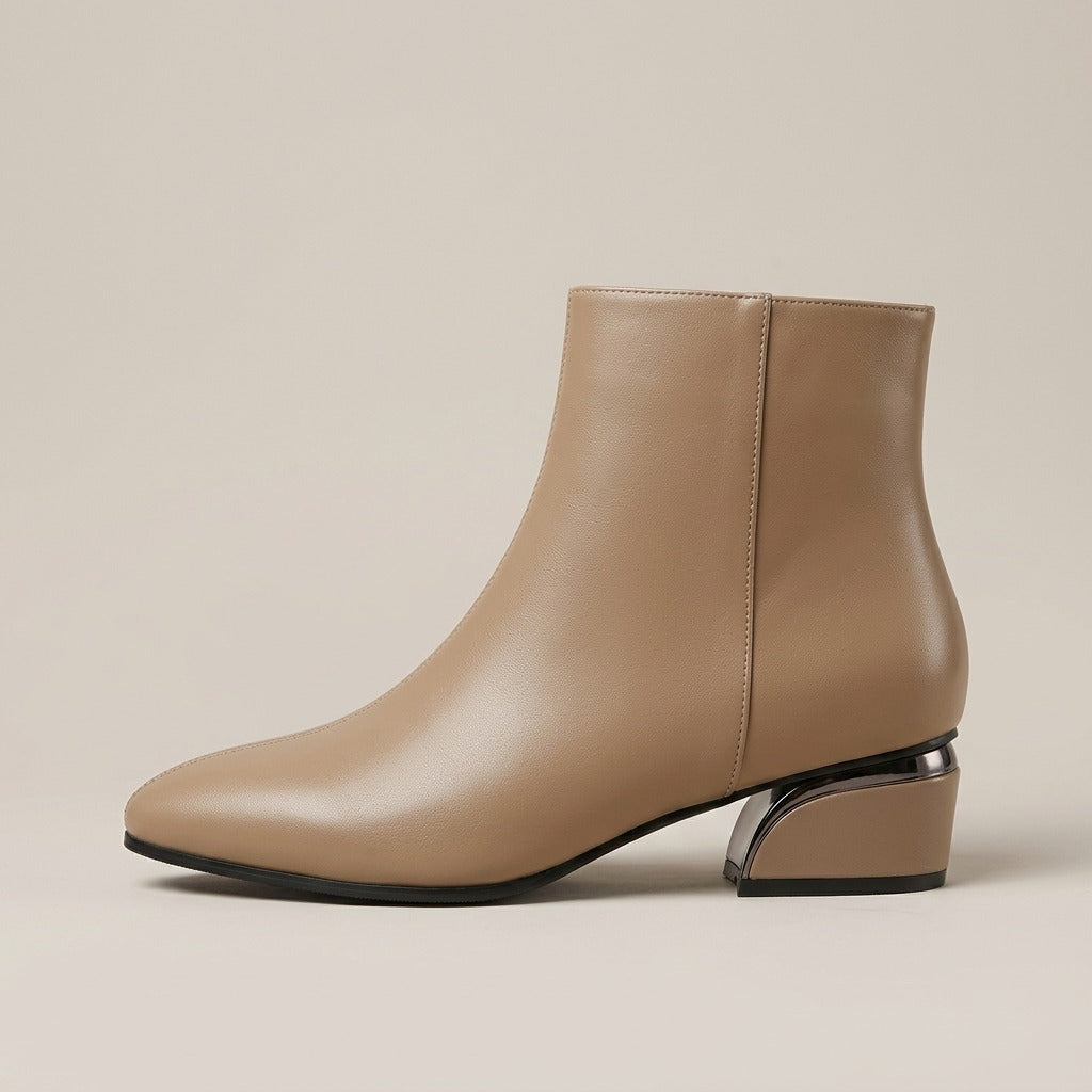 Tilly khaki ankle boot, side view of the low heel