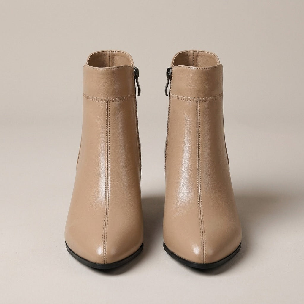 Tilly khaki ankle boots, pair, front view showing the inner zips