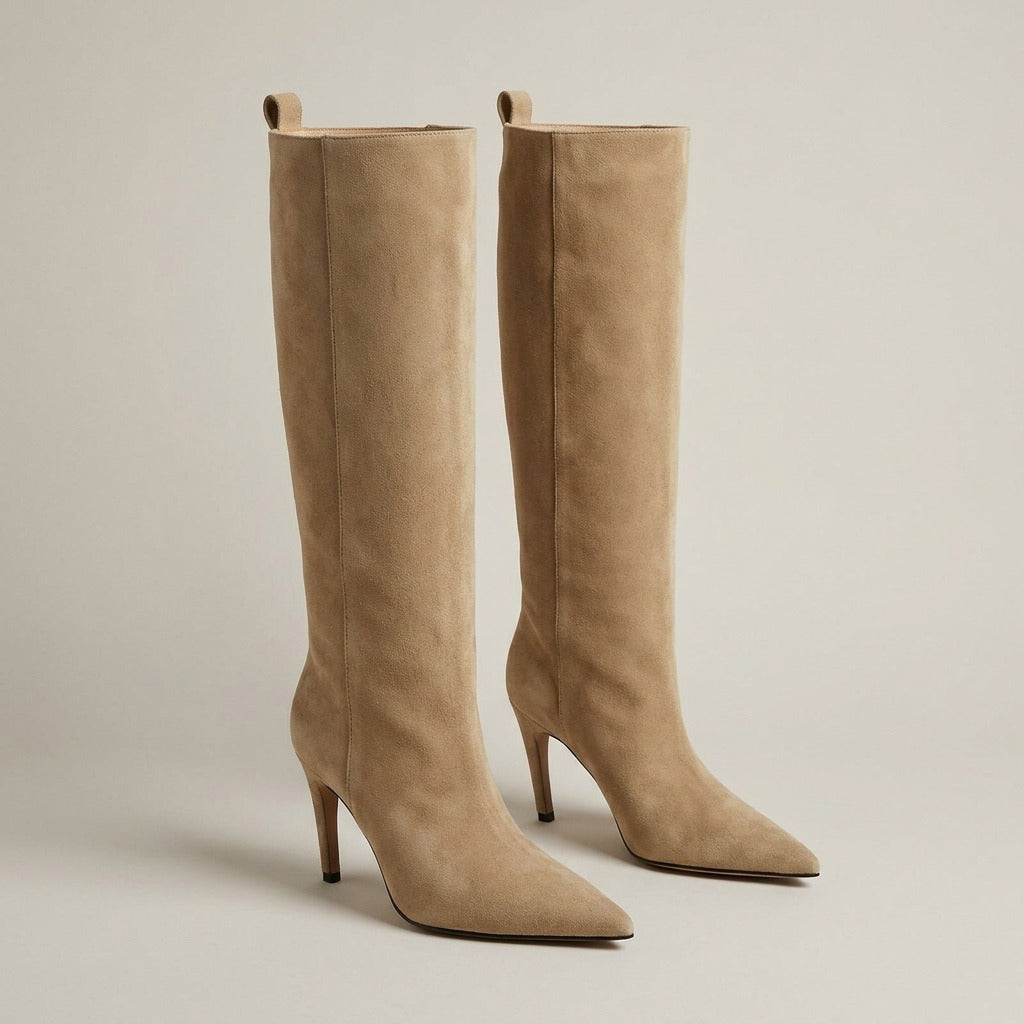 Vera beige suede-look knee-high boots with pointed toe and stiletto heel, pair