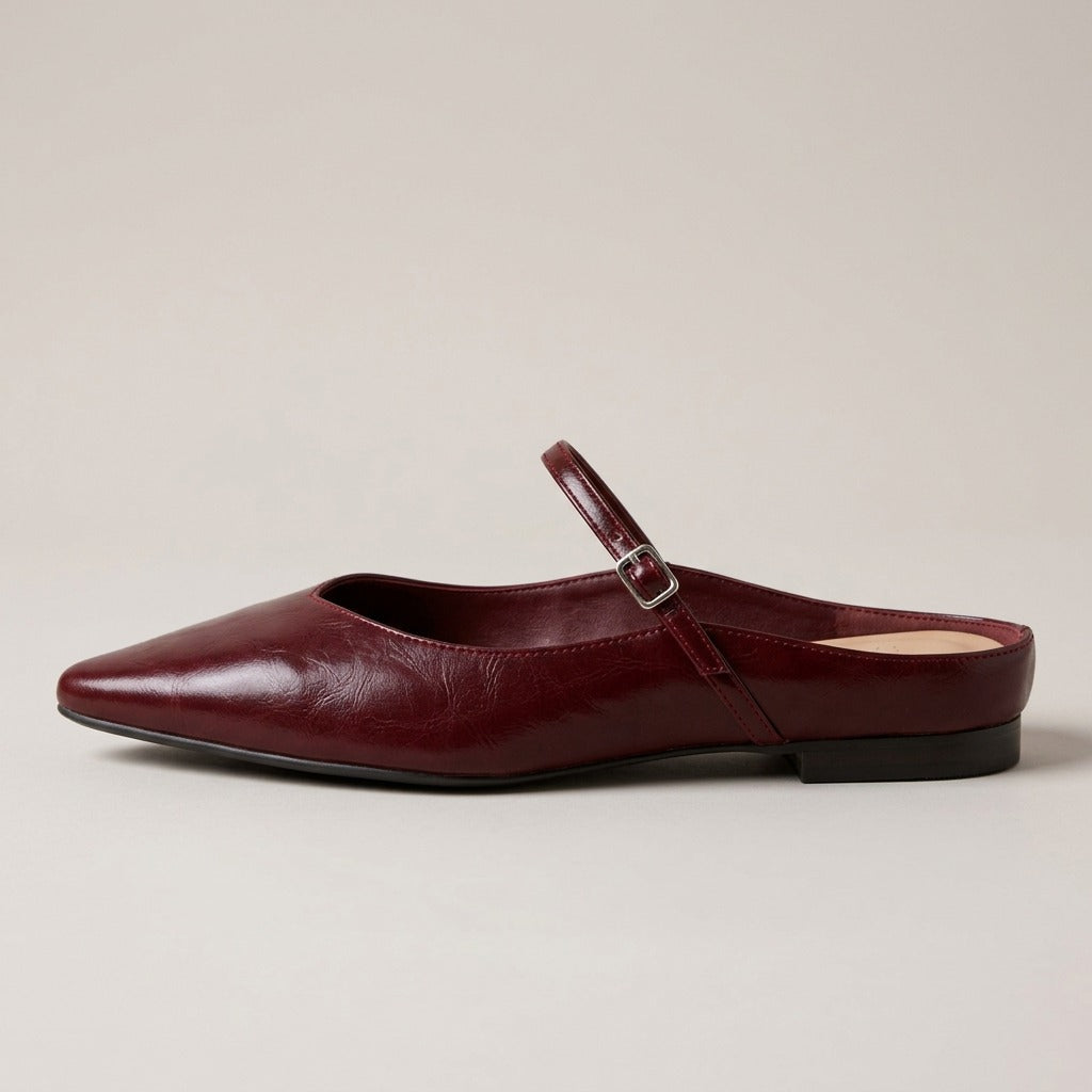 Verity wine-red mule, side view of the open back