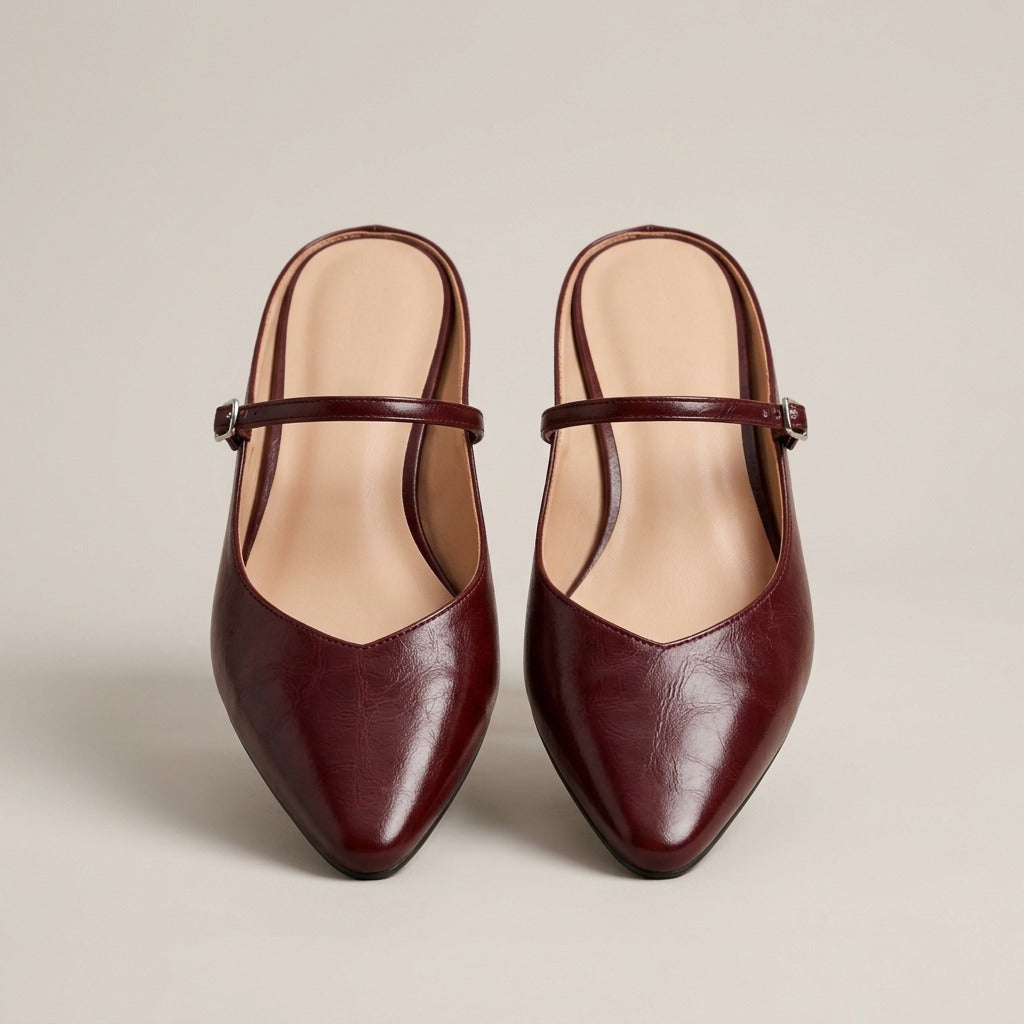 Verity wine-red mules, pair, view from above