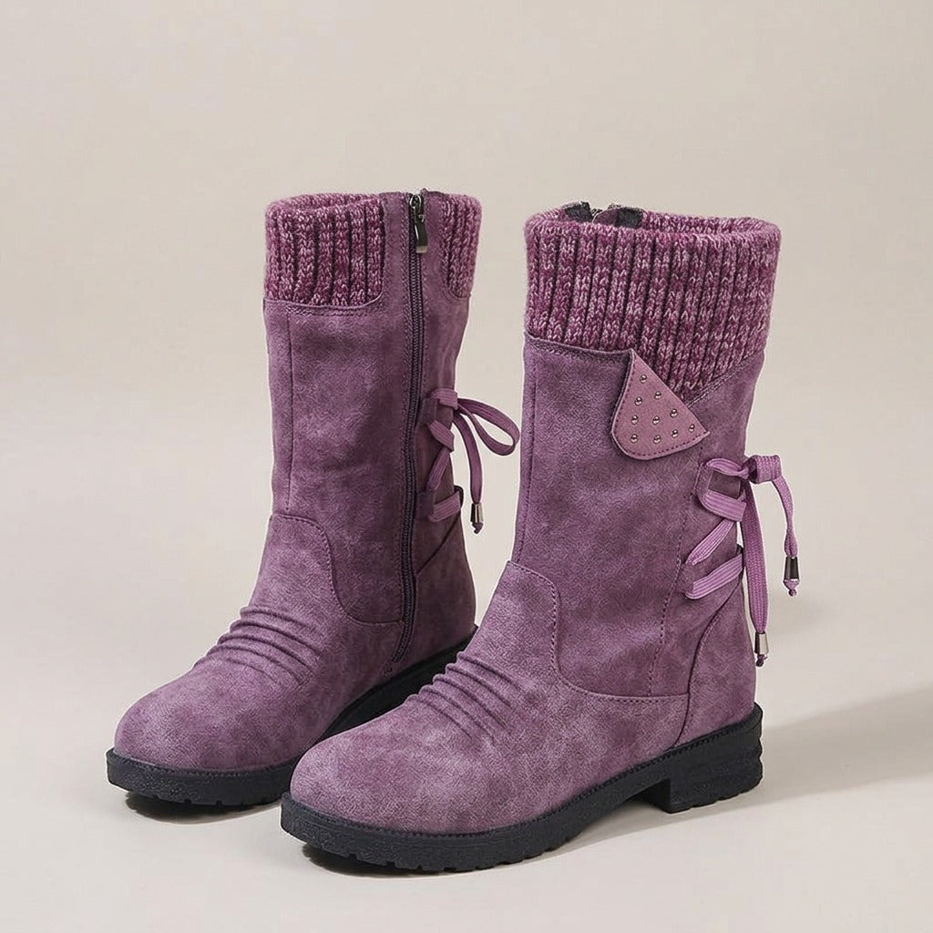 Violet purple mid-calf boots with ribbed knit cuff, side zip and back ribbon lace, pair