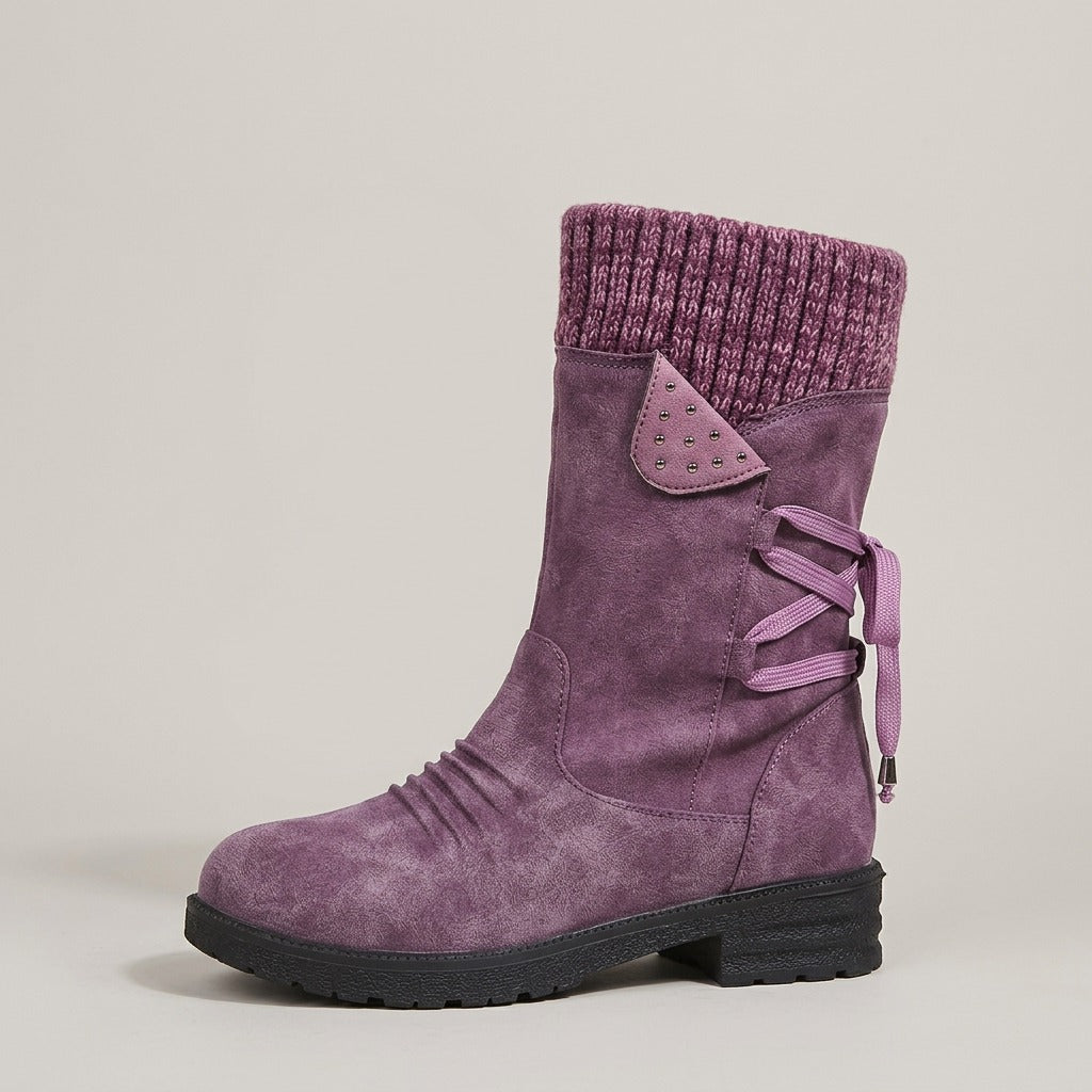 Violet purple boot, side view of the back ribbon lace