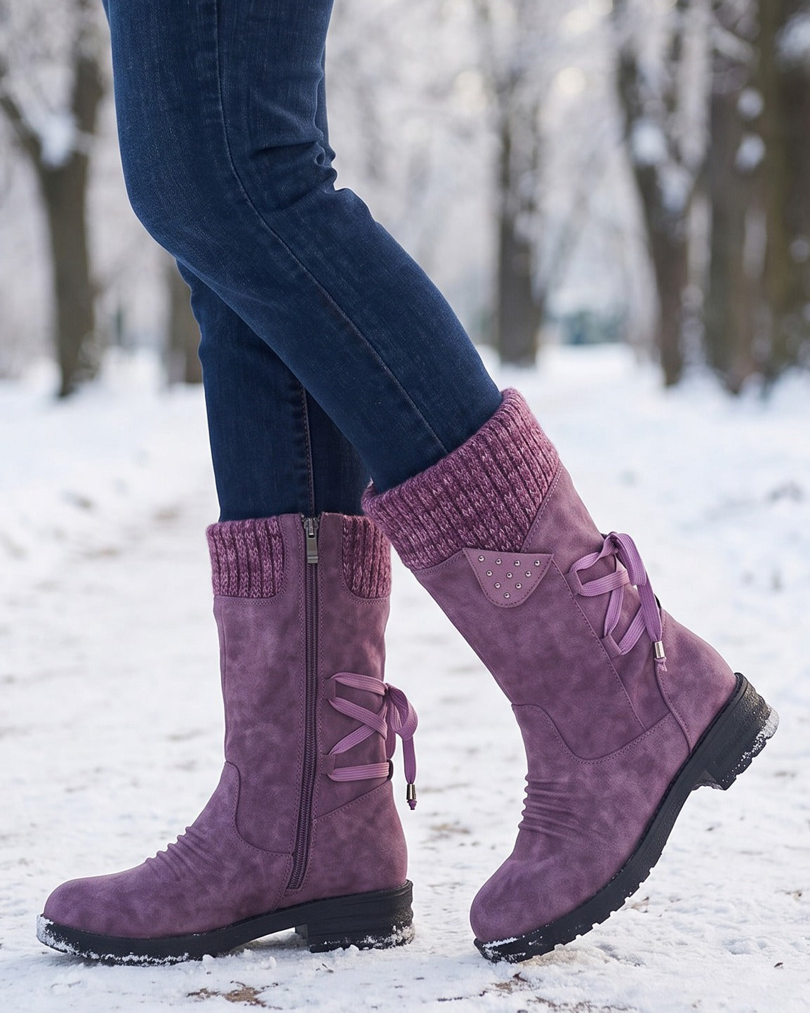 Violet purple boots worn with jeans on a snowy park path