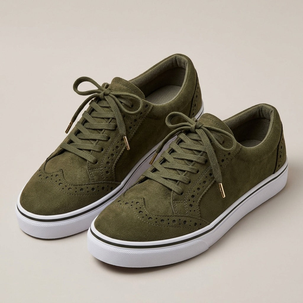 willow-brogue-lace-up-suede-look-sneakers-women-s-olive-green-low-top-casual-sneakers 1