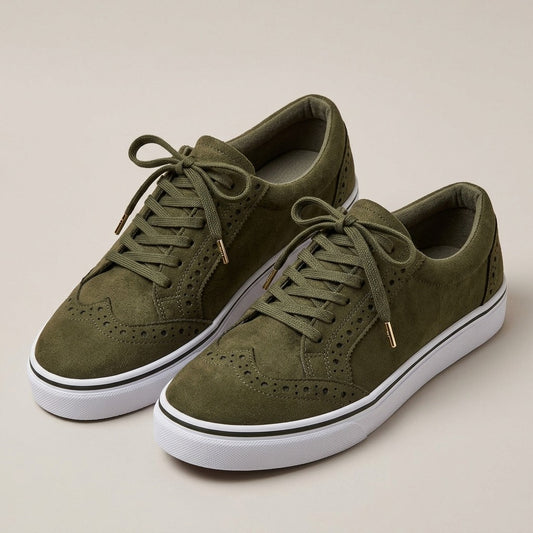 willow-brogue-lace-up-suede-look-sneakers-women-s-olive-green-low-top-casual-sneakers 1